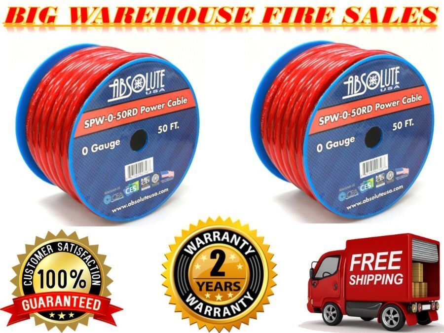 2 Absolute SPW-0-50RD 1/0 Gauge 50 FT Xtreme Twisted Power/Ground Battery Wire Cables Red