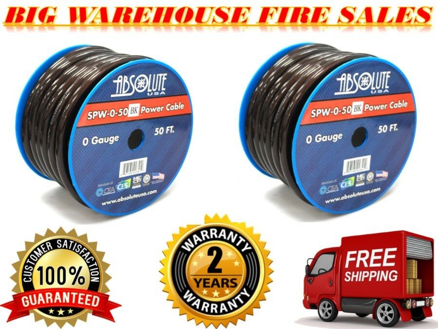 2 Absolute SPW-0-50BK 1/0 Gauge 50 FT, 100 Feet Total Power Ground Battery Wire Cables Black