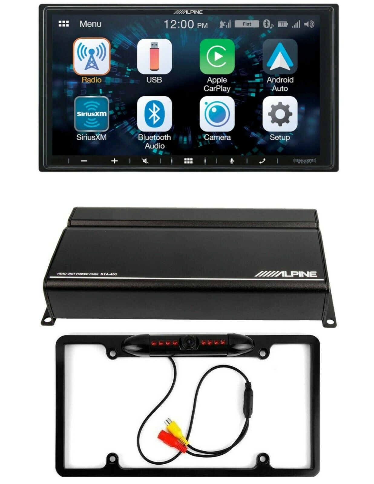 Alpine ILX-W670 + Alpine KTA-450 + CAM1800B Car Stereo Bundle 7 Inch Mechless Ultra-shallow AV System with Apple Carplay, Android Auto + 400-watt Power Pack Amplifier & Absolute CAM1800B Black License Plate Rear View Camera