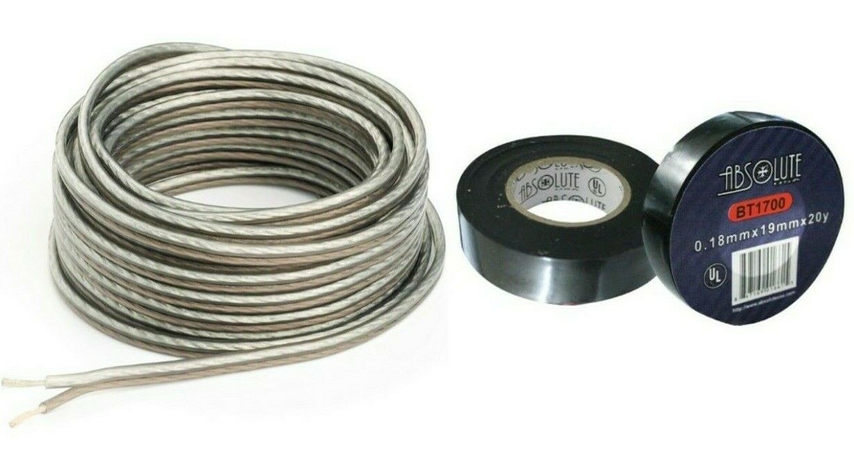 Absolute USA S16G25 <BR/>16 Gauge 25 Feet Clear Speaker Wire and 3/4" x 60' FT Black Electrical Tape