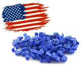Quick splice wire terminals in blue, featuring American flag background, ideal for 16-14 AWG electrical connections.