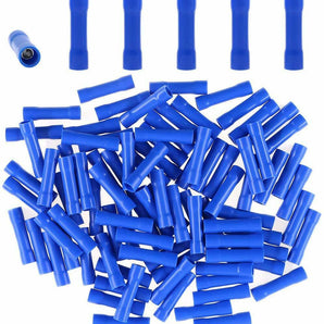 Blue insulated crimp terminal showing a detailed view of the insulated crimp terminals design.