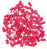 Red insulated fork spade wire connector for electrical crimping applications. Red insulated fork spade wire connector for electrical crimping applications.