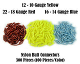  300Pcs butt connectors in red, blue, and yellow for electrical connections, suitable for 12-10, 16-14, 22-18 gauge wiring.