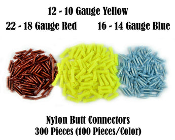  300Pcs butt connectors in red, blue, and yellow for electrical connections, suitable for 12-10, 16-14, 22-18 gauge wiring.