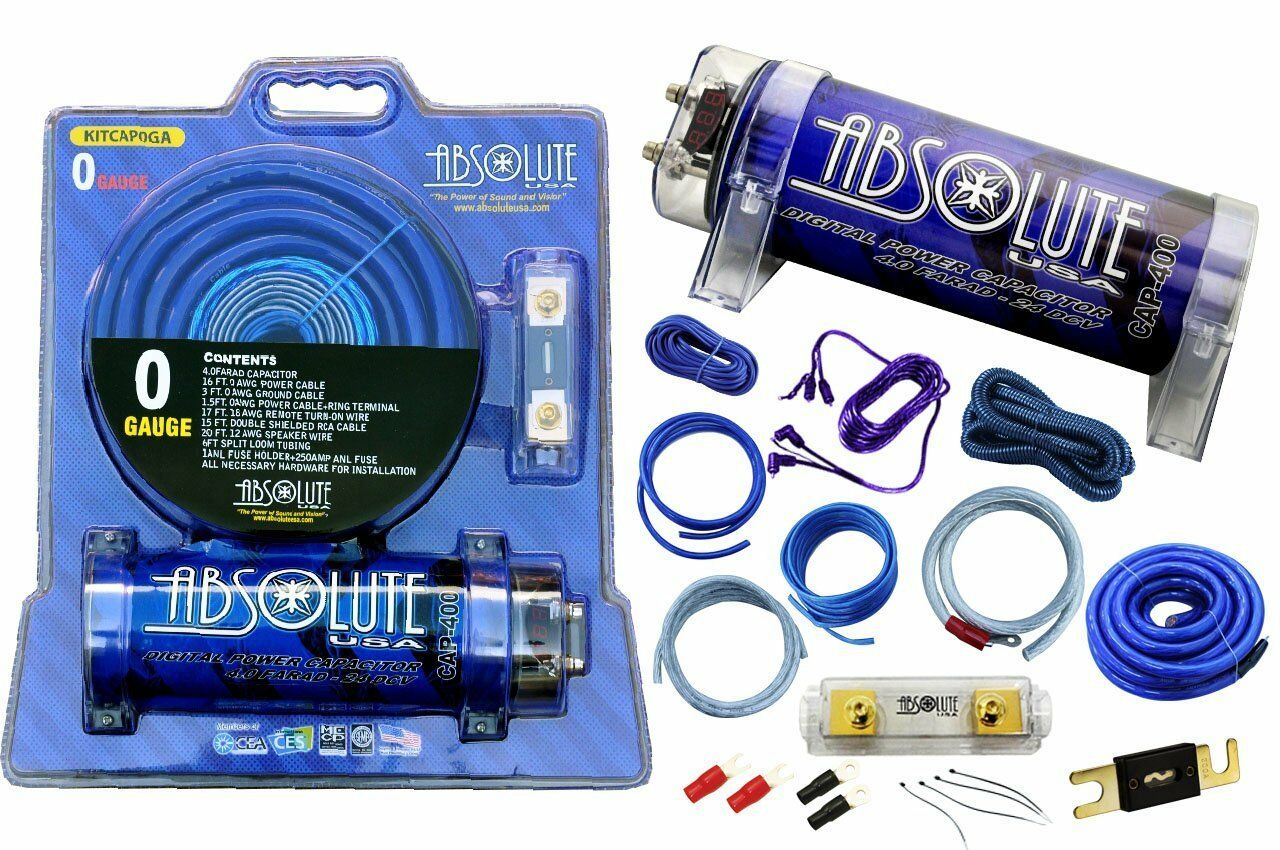 Absolute USA KITCAP0GABL 4.0 Farad Power Capacitor 0 Gauge Car Amplifier Installation Wiring Complete Kit (Blue)
