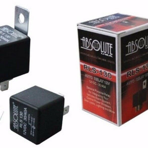 Absolute RLS125-2 spdt automotive relay pack with two black 12V 40A relays and boxes, designed for automotive and marine use.