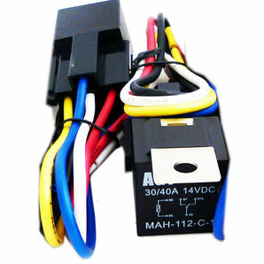 Automotive marine relay with wiring harness and socket, 12 Volt DC, 30/40 Amp, 5 pin relay.