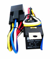 Automotive marine relay with wiring harness and socket, 12 Volt DC, 30/40 Amp, 5 pin relay.