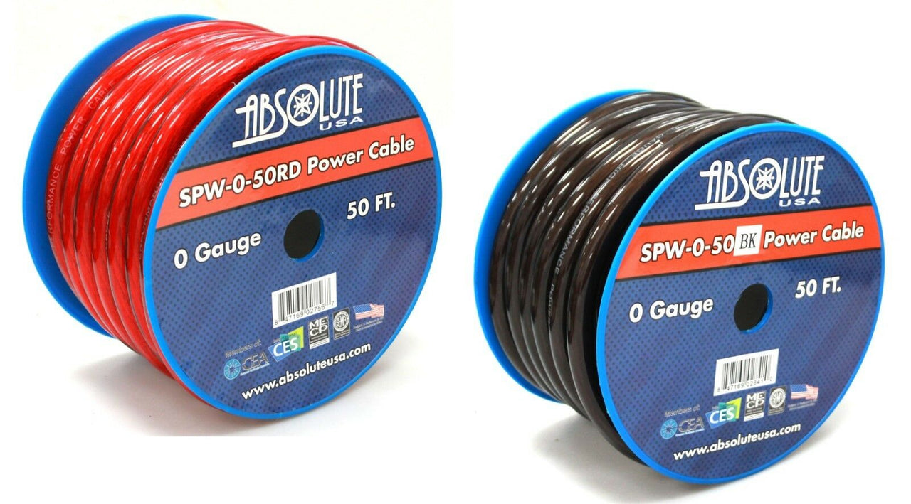 Absolute SPW-0-50RD & SPW-0-50BK<BR/> 1/0 Gauge 50 FT Xtreme Twisted Power/Ground Battery Wire Cables Set One Red & One Black