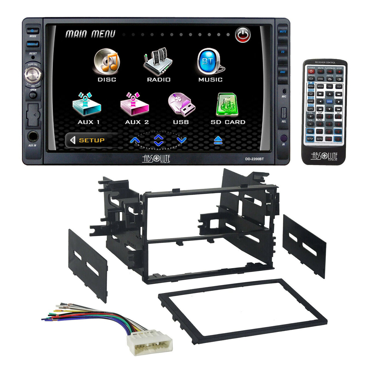 Absolute USA DD2200BT Double Din DVD, CD, MP3 Multimedia DVD CD MP3 Player Receiver With Dash Kit Harness for 86-up Honda Acura