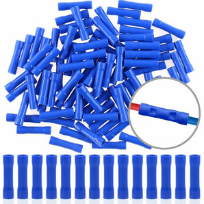 Close-up of a blue insulated splice terminals for electrical crimping, used in various wiring applications.
