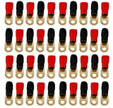 MR DJ 100 Pack 1/0 AWG ring terminal connectors in red and black, designed for secure wire crimping and connections.
