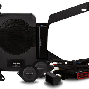 Alpine PSS-23WRA powered upgrade 18-up Wrangler Unlimited JL system with components and wiring.