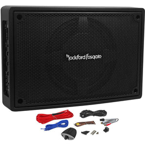 ROCKFORD FOSGATE PS-8 powered enclosed subwoofer with amplifier and installation accessories.
