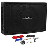 ROCKFORD FOSGATE PS-8 powered enclosed subwoofer with amplifier and installation accessories.