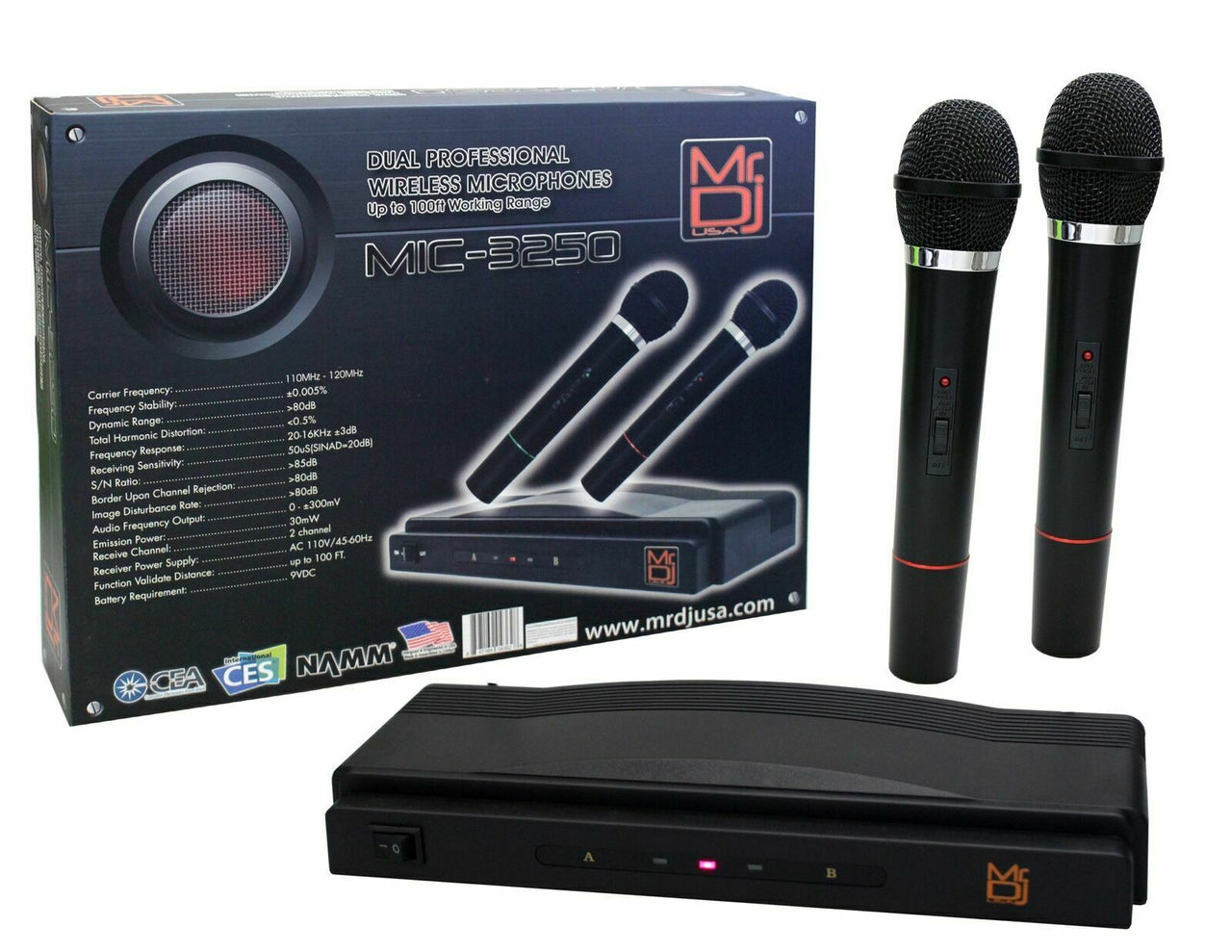 MR DJ MIC3250 Dual Channel RF Professional Wireless Microphone System Set with 2 Handheld Microphones, Receiver Base, 1/4'' Audio Connection Cable, Power Adapter - For Karaoke, PA, Public Event