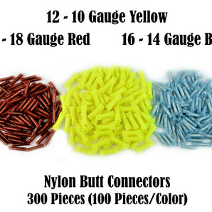 300 nylon butt connectors in red, yellow, and blue for 12-10, 16-14, and 22-18 gauge wires