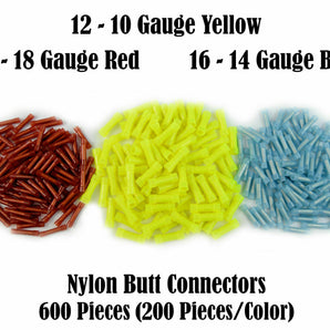 Image showing wire butt connectors in red, yellow, and blue, including 600 nylon crimp terminals of various gauges.