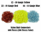 Wire butt connectors in red, yellow, and blue; nylon, 12-10, 16-14, and 22-18 gauge, total 600 pieces.