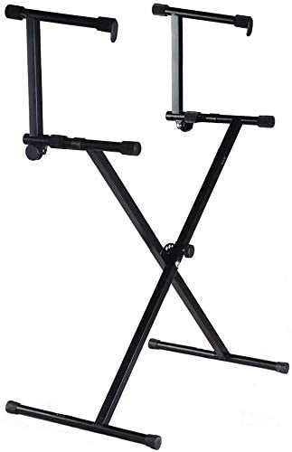 MR DJ KS500 2 Tier Double X Keyboard Stand with Adjustable Height, Portable Two-Tier Stand with Locking Straps and High Strength Steel for Durability, Ideal for Keyboards and Consoles