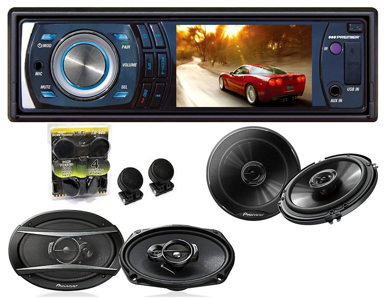 Absolute DMR380BTAD TS-G1645R TS-A6966R TW600<br/> In-Dash Single Din 3.5" TFT-LCD Monitor with DVD/CD/MP3 Receiver Detachable Face + Pioneer TS-G1645R 6.5", TS-A6966R 6x9 & TW600