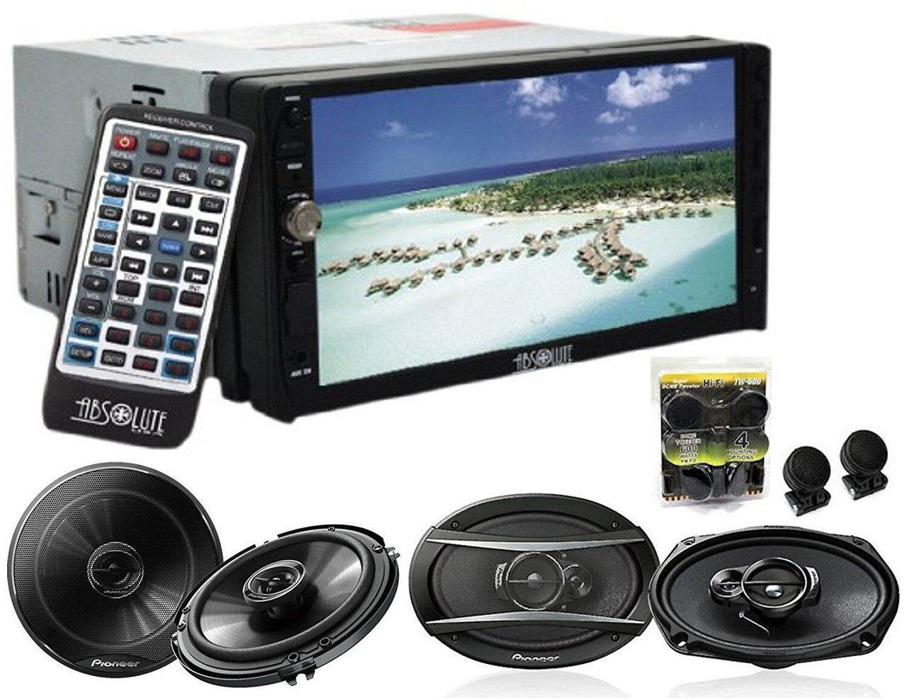 Absolute DD-3000 7-Inch Double Din Multimedia DVD Player With Pioneer  TS-G1620F, TS-G6930F TW600 Tweeter<br/>7" DVD CD MP3 player Double Din head unit car stereo with pioneer TS-G1620F, TS-G6930F speakers & TW600 tweeter