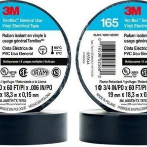 3M 165 Temflex insulated vinyl black electrical tape 3/4" x 60' FT for reliable electrical insulation