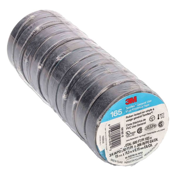 10 Pack 3M Temflex 1700 Black 3/4" x 60' General Use Vinyl Electrical Tape