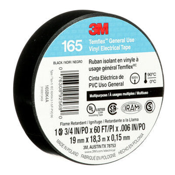 3M Temflex 165 vinyl electrical tape, 60ft roll, black, essential for insulation and protection in electrical applications.