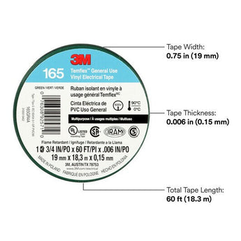 3M Temflex 165 vinyl electrical tape, 60ft roll, black, essential for insulation and protection in electrical applications.