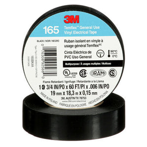 3M Temflex 165 Vinyl Electrical Tape roll, black, 3/4 inch x 60 feet for general use applications.