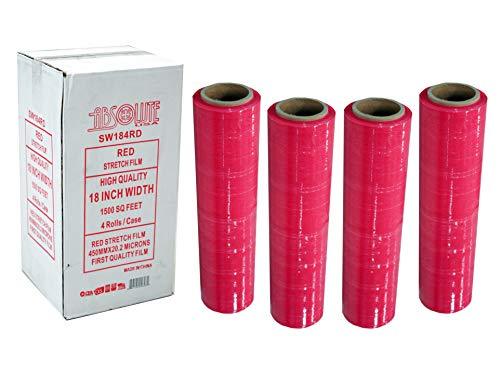 Absolute USA SW184RD 4 Original Rolls Red Hand Stretch Plastic Film Pallet Shrink Wrap 18" Wide, 1500 SQ FT (1200 Linear feet), 80 Gauge