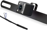 Backup camera license plate with four infrared lights for night vision and 170° angle view, waterproof design.