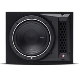 Rockford Fosgate Punch P1-1X10 single P1 10 inch loaded subwoofer enclosure ported view, showcasing powerful audio design