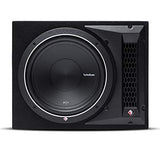Rockford Fosgate Punch P1-1X10 single P1 10 inch loaded subwoofer enclosure ported view, showcasing powerful audio design