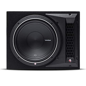 Rockford Fosgate Punch P1-1X10 single P1 10 inch loaded subwoofer enclosure ported view, showcasing powerful audio design