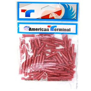 American Terminal E-BCRN-100 red butt connectors in packaging for electrical use.