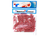 American Terminal E-BCRN-100 red butt connectors in packaging for electrical use.