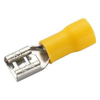 Female quick disconnect vinyl insulated spade wire connector electrical crimp terminal for 12-10 AWG, yellow color.
