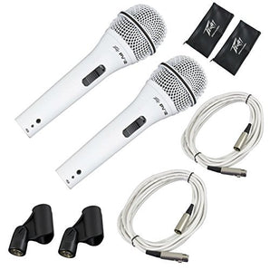 2 Peavey Pvi2 White Microphone w/Mic Clip & Carrying Bag + Microphone Stand Series + 20 Feet XLR to XLR White Cable