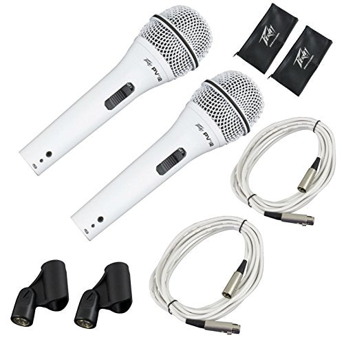(2) Peavey Pvi2 White Microphone w/Mic Clip & Carrying Bag + (2) Mr. Dj Microphone Stand Series + (2) 20 Feet XLR to XLR White Cable