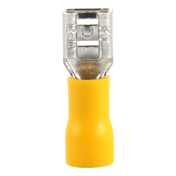 Female quick disconnect vinyl insulated spade wire connector electrical crimp terminal for 12-10 AWG, yellow color.