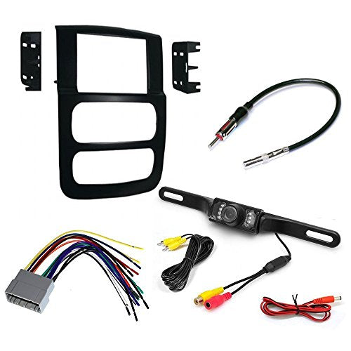Car CD Stereo Receiver Dash Install Mounting Kit Wire Harness + Radio Antenna Adapter+ Rear View Camera for Dodge Ram Truck 2002 - 2005