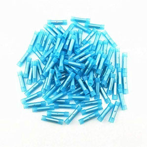 Butt connector in blue color, made of nylon, designed for 16-14 gauge wire connections, ideal for electrical projects.