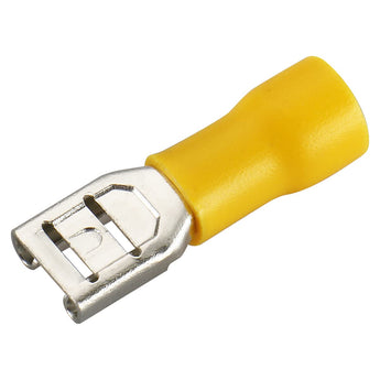 Female quick disconnect vinyl insulated spade wire connector electrical crimp terminal for 12-10 AWG, yellow color.