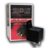 Absolute RLS125 automotive relay SPDT 30/40 AMP in black casing side view with mounting hole.