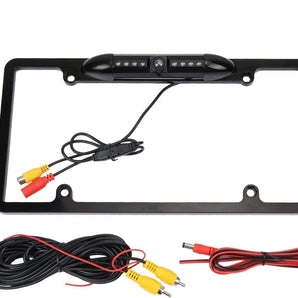 Backup camera black license plate frame with built-in I.R. camera and wiring connections.