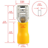 Female quick disconnect vinyl insulated spade wire connector electrical crimp terminal for 12-10 AWG, yellow color.
