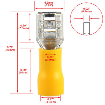 Female quick disconnect vinyl insulated spade wire connector electrical crimp terminal for 12-10 AWG, yellow color.